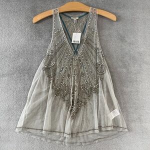 Ecote All Over Beaded Studded Sheer Tank Top Gray Jewel Embellished Sz L